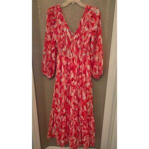 Molly Bracken Louise Pink Floral Print Long Sleeve Lined Maxi Dress M Tiered